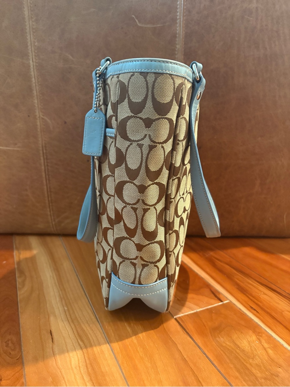 Coach Signature Hamptons Lunch Tote Blue Leather Trim - Picture 6 of 10